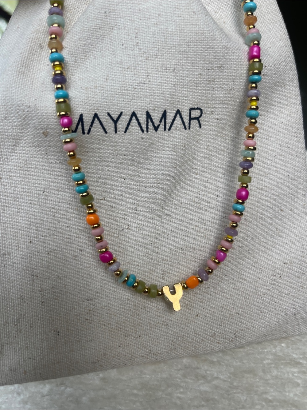 ‘Y’ Initial Pendant - Multicolor Beaded Necklace with Gold - Women's Jewelry